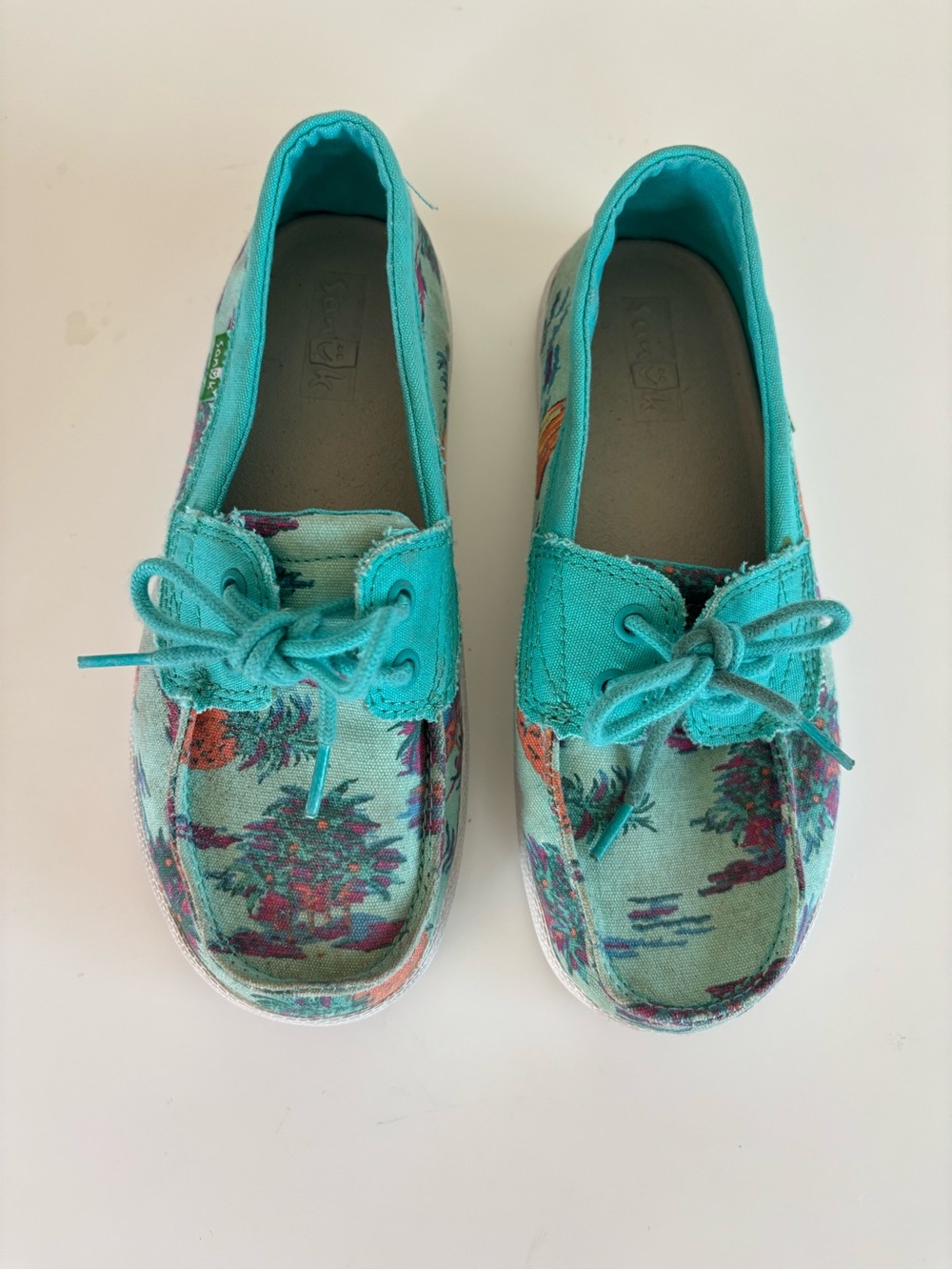 Sanuk Teal Tropical Canvas Kids Loafers
